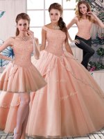 Suitable Peach Three Pieces Tulle Off The Shoulder Sleeveless Beading Lace Up 15 Quinceanera Dress Brush Train(SKU SJQDDT2083007BIZ)