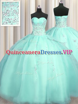 Shining Really Puffy Beading and Appliques Teens Party Dress Turquoise Zipper Sleeveless Floor Length