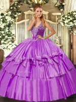 Glorious Lilac Sleeveless Organza and Taffeta Lace Up Vestidos de Quinceanera for Military Ball and Sweet 16 and Quinceanera