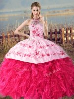Hot Pink Quinceanera Dress Sweet 16 and Quinceanera with Embroidery and Ruffles Halter Top Sleeveless Court Train Lace Up