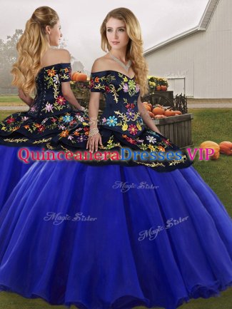 Fashion Off The Shoulder Sleeveless Lace Up Sweet 16 Dress Royal Blue Tulle