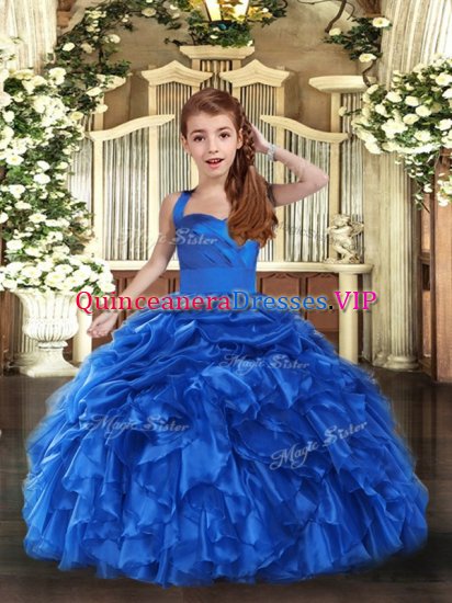 Cheap Royal Blue Ball Gowns Straps Sleeveless Organza Floor Length Lace Up Ruffles Pageant Dress for Teens - Click Image to Close