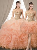Three Piece Sleeveless Organza Floor Length Lace Up Quince Ball Gowns in Peach with Beading and Ruffles and Pick Ups(SKU SJQDDT888001BIZ)