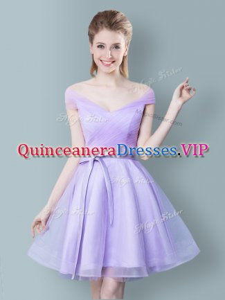Lavender Zipper Dama Dress Ruching and Bowknot Cap Sleeves Knee Length