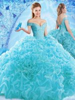 Hot Selling Off The Shoulder Cap Sleeves Quince Ball Gowns Brush Train Ruffles and Pick Ups Aqua Blue Organza