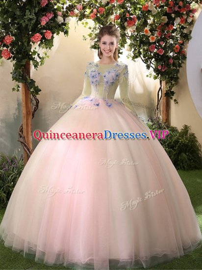 Customized Peach Ball Gowns Scoop Long Sleeves Tulle Floor Length Lace Up Appliques Sweet 16 Quinceanera Dress - Click Image to Close