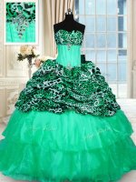 Printed Turquoise Sleeveless Sweep Train Beading and Ruffled Layers Quinceanera Dress