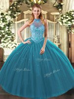 Fitting Teal Ball Gowns Tulle Halter Top Sleeveless Beading and Embroidery Floor Length Lace Up Sweet 16 Quinceanera Dress