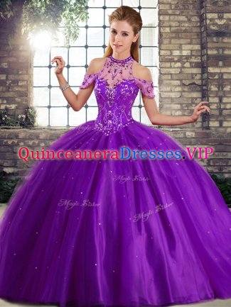 Cheap Sleeveless Beading Lace Up 15 Quinceanera Dress with Purple Brush Train