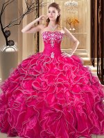 Dazzling Hot Pink Organza Lace Up Sweet 16 Dress Sleeveless Floor Length Embroidery and Ruffles