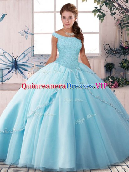 Light Blue Lace Up Off The Shoulder Beading Sweet 16 Quinceanera Dress Tulle Sleeveless Brush Train - Click Image to Close