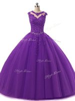 Dark Purple Scoop Lace Up Beading and Lace Quinceanera Dresses Sleeveless