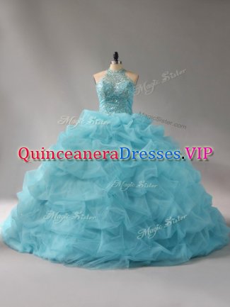 Nice Sleeveless Court Train Beading and Pick Ups Lace Up Ball Gown Prom Dress