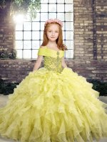 Elegant Yellow Lace Up Little Girls Pageant Dress Wholesale Beading and Ruffles Sleeveless Floor Length(SKU PAG1211-9BIZ)