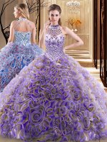 Lovely Multi-color Ball Gowns Halter Top Sleeveless Fabric With Rolling Flowers With Brush Train Lace Up Beading 15 Quinceanera Dress(SKU YSQD070BIZ)