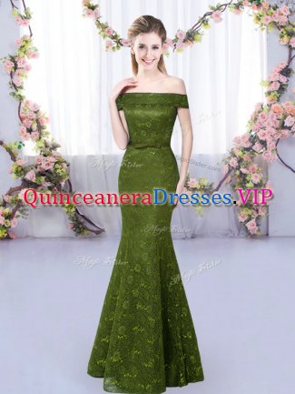 Sweet Olive Green Vestidos de Damas Prom and Party with Lace Off The Shoulder Sleeveless Lace Up
