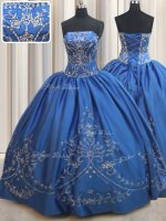 Graceful Royal Blue Ball Gowns Strapless Sleeveless Satin Floor Length Lace Up Beading and Embroidery 15th Birthday Dress(SKU PSSW0488BIZ)