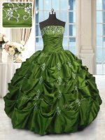 Green Lace Up Strapless Beading and Appliques and Embroidery and Pick Ups Quince Ball Gowns Taffeta Sleeveless