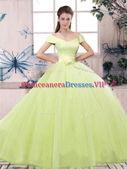 Custom Design Yellow Green Off The Shoulder Lace Up Lace and Hand Made Flower 15 Quinceanera Dress Short Sleeves - Click Image to Close