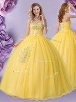 Gold Ball Gowns Tulle Strapless Sleeveless Beading Floor Length Lace Up Quinceanera Gowns(SKU XFQD1329BIZ)