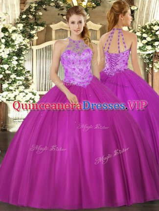 Floor Length Lace Up Sweet 16 Dresses Fuchsia for Military Ball and Sweet 16 and Quinceanera with Beading