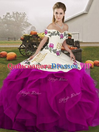 Floor Length White And Purple Quinceanera Gown Tulle Sleeveless Embroidery and Ruffles