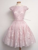 Baby Pink Cap Sleeves Lace Knee Length Dama Dress for Quinceanera