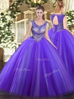 Designer Sleeveless Floor Length Beading Lace Up 15th Birthday Dress with Eggplant Purple