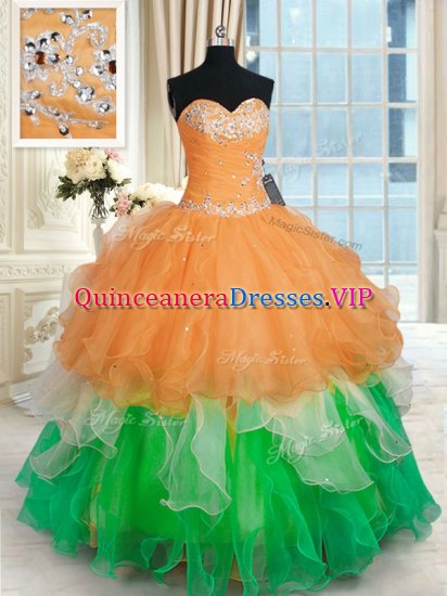 Multi-color Ball Gowns Beading and Ruffles Quince Ball Gowns Lace Up Organza Sleeveless Floor Length - Click Image to Close