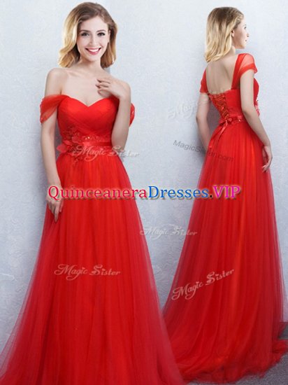 Off the Shoulder Sleeveless Brush Train Lace Up With Train Appliques and Ruching Quinceanera Dama Dress - Click Image to Close