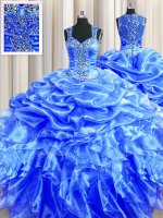 Customized Zipper Up See Through Back Straps Sleeveless Organza 15 Quinceanera Dress Beading and Ruffles and Pick Ups Zipper