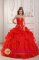 Lewes Delaware/ DE Custom Made Strapless Red Appliques and Ruched Bodice Ruffles Organza Quinceanera Dress