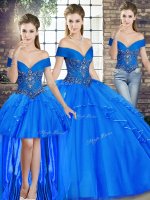 Perfect Royal Blue Lace Up Off The Shoulder Beading and Ruffles Ball Gown Prom Dress Tulle Sleeveless