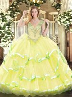 Yellow Sleeveless Beading and Ruffled Layers Floor Length 15 Quinceanera Dress