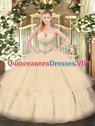 Champagne Quinceanera Dress Military Ball and Sweet 16 and Quinceanera with Beading and Ruffled Layers Sweetheart Sleeveless Lace Up