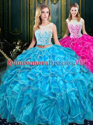New Arrival Scoop Floor Length Two Pieces Sleeveless Baby Blue Ball Gown Prom Dress Zipper