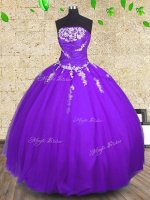 Designer Purple Strapless Neckline Appliques and Ruching Vestidos de Quinceanera Sleeveless Lace Up
