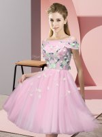 Stunning Empire Dama Dress for Quinceanera Baby Pink Off The Shoulder Tulle Short Sleeves Knee Length Lace Up(SKU BMT0365A-10BIZ)