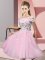 Stunning Empire Dama Dress for Quinceanera Baby Pink Off The Shoulder Tulle Short Sleeves Knee Length Lace Up