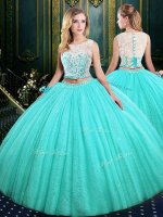 Latest Scoop Sleeveless Tulle and Sequined Floor Length Lace Up Quinceanera Dresses in Blue with Lace and Sequins