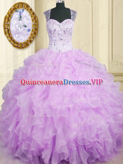 Elegant Straps Sleeveless Sweet 16 Quinceanera Dress Floor Length Beading and Ruffles Lavender Organza - Click Image to Close