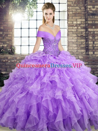 Sleeveless Beading and Ruffles Lace Up Quince Ball Gowns with Lavender Brush Train - Click Image to Close