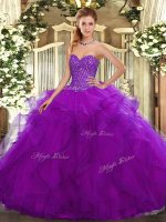 Purple Tulle Lace Up Sweetheart Sleeveless Floor Length Quinceanera Gown Beading and Ruffles
