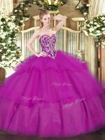 High End Floor Length Lace Up Sweet 16 Quinceanera Dress Fuchsia for Military Ball and Sweet 16 and Quinceanera with Beading and Ruffled Layers