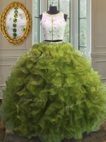 Scoop Sleeveless Clasp Handle Quinceanera Dresses Olive Green Organza