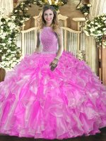 Shining High-neck Sleeveless Sweet 16 Dresses Floor Length Beading and Ruffles Rose Pink Organza(SKU SJQDDT1445002-1BIZ)
