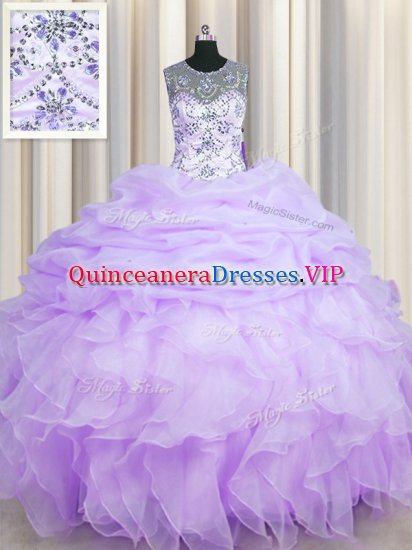 Traditional Scoop See Through Beading and Ruffles and Pick Ups Quinceanera Gowns Lavender Lace Up Sleeveless Floor Length - Click Image to Close