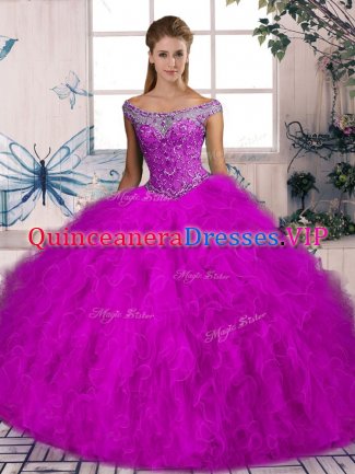 Shining Sleeveless Brush Train Beading and Ruffles Lace Up 15th Birthday Dress