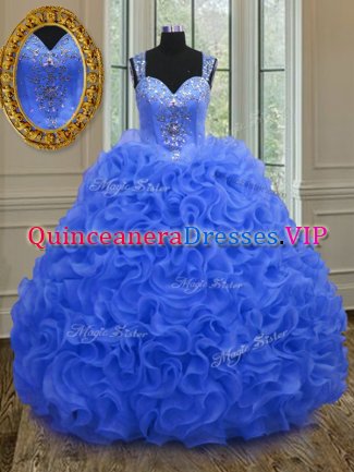 Artistic Straps Sleeveless Organza Floor Length Zipper Quinceanera Dresses in Royal Blue with Beading and Ruffles