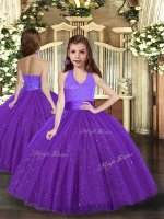 Floor Length Lace Up Little Girls Pageant Dress Wholesale Purple for Party and Wedding Party with Ruching